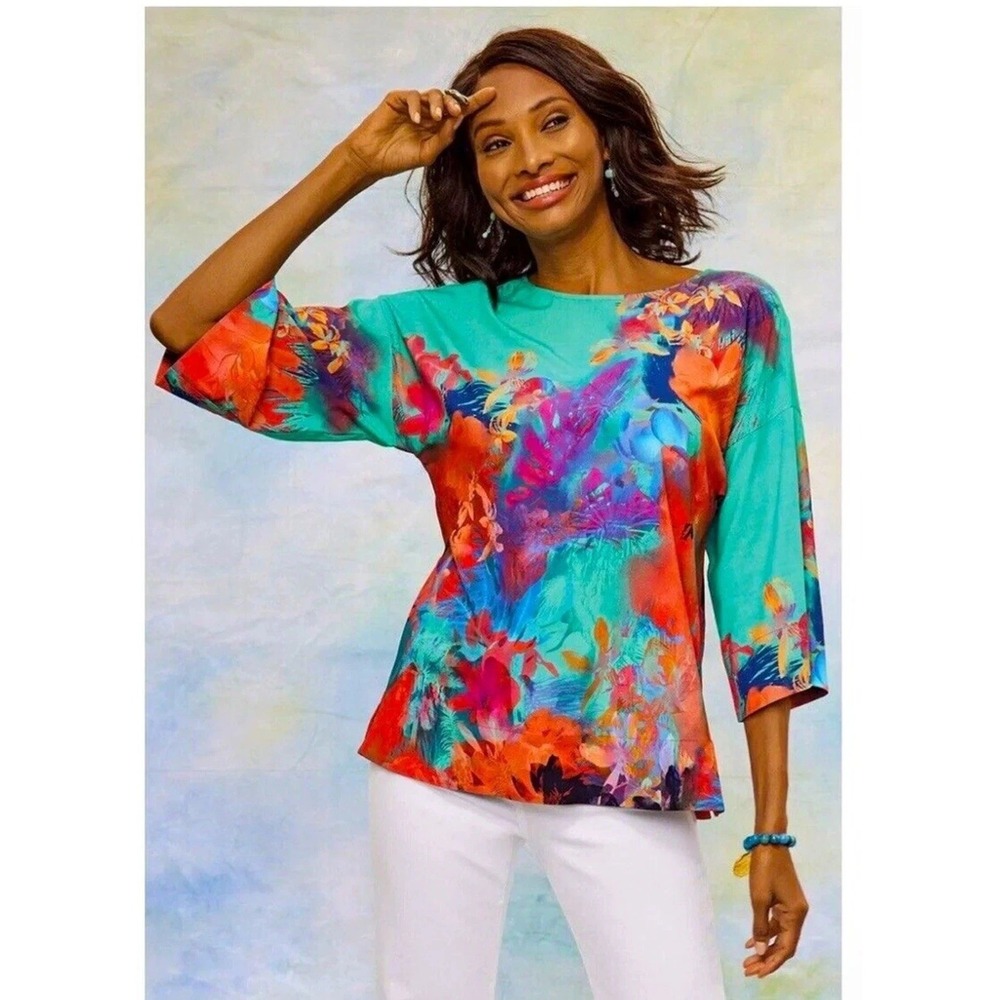 Soft Surroundings Marciana Bright Abstract Watercolor Sea Reef 3/4 Sleeve Top XL